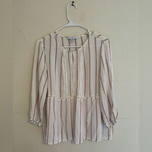 FEVER top long sleeve white with pink stripes and lace trim Size L